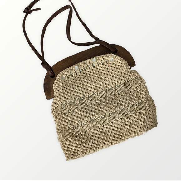 Macrame Shoulder Bag Cream Brown Leather Straps - Picture 3 of 4